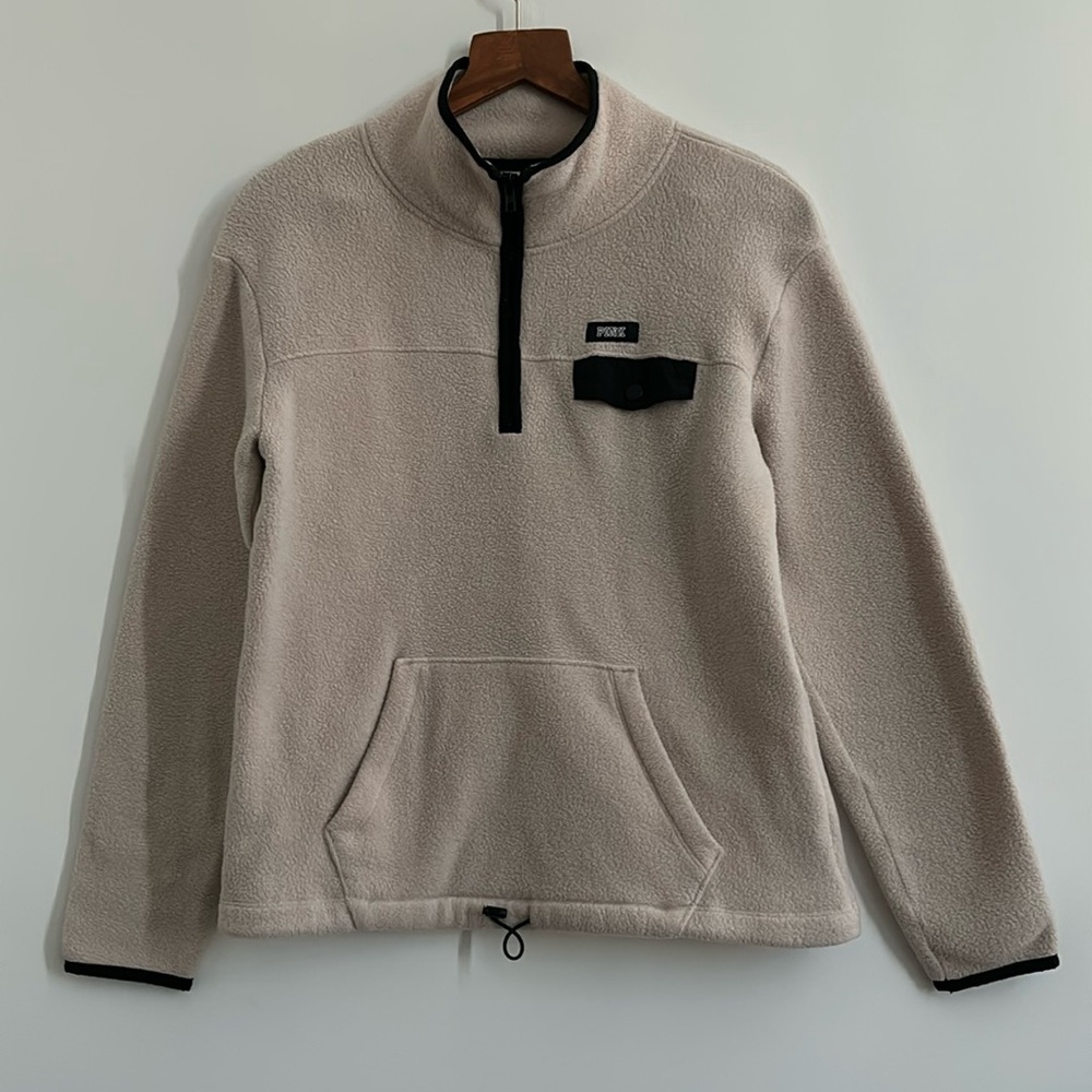 PINK Victoria’s Secret Cream Black Fleece Half Zip Sweater Jacket